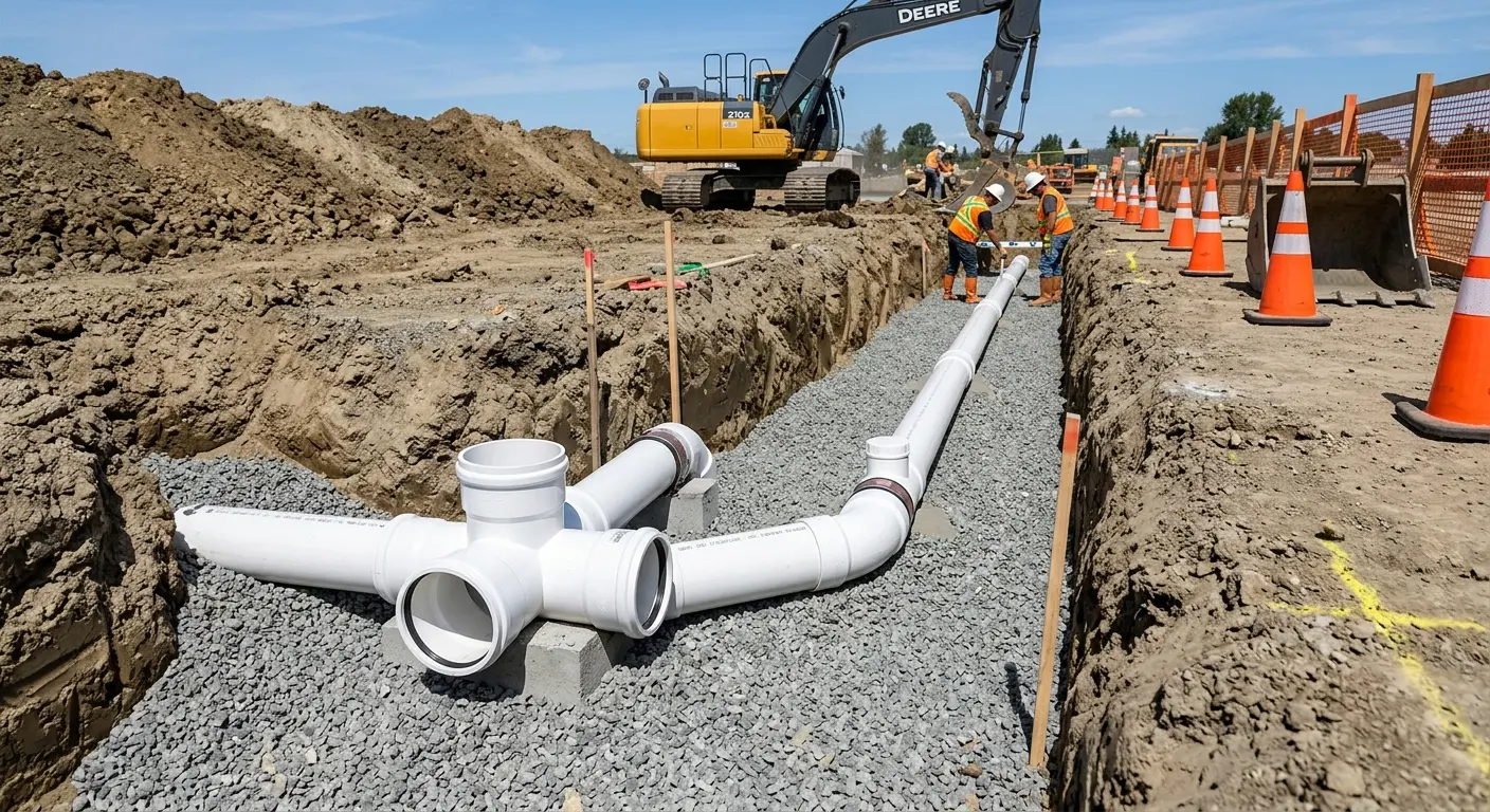 New PVC sewer pipe installation in open trench for Sewer Backup in New Port Richey East