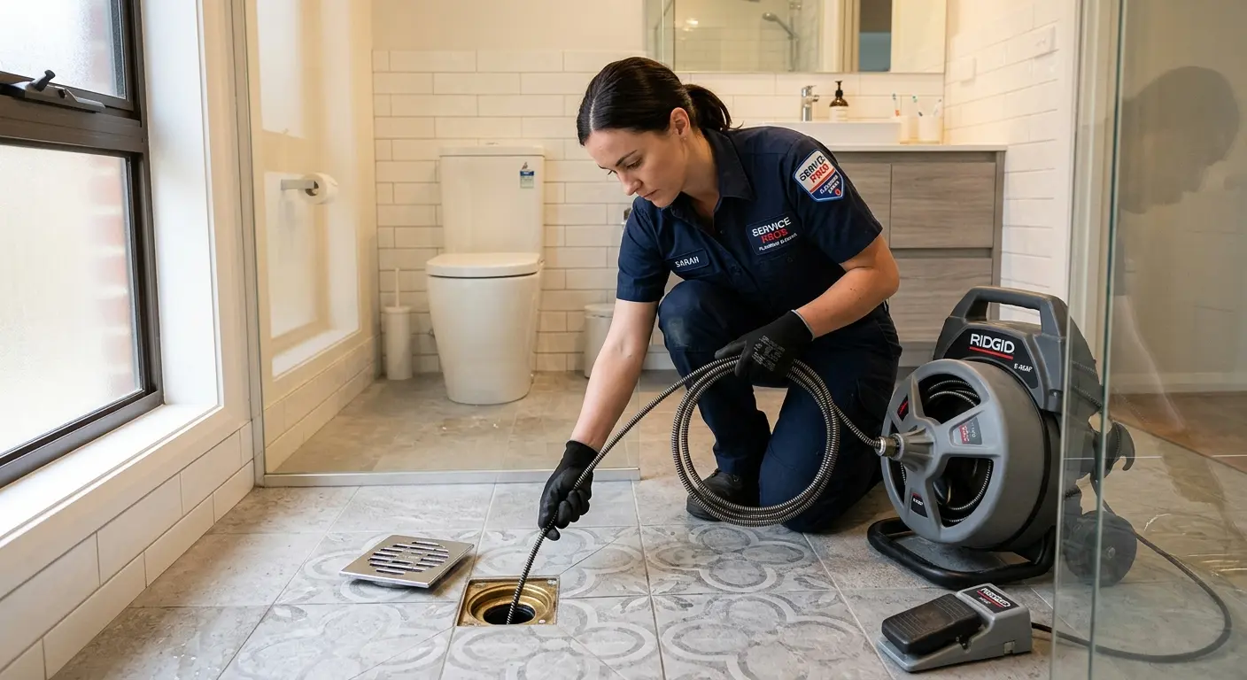 Technician clearing a bathroom floor drain for Drain Cleaning in New Port Richey East